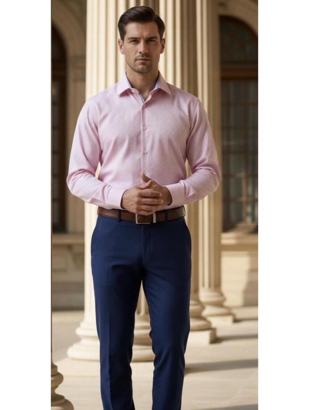 TAILORBYRD Men’s Cotton Non-Iron Trim Fit Shirt In Pink Check-Size 15.5|Medium - Picture 2 of 13